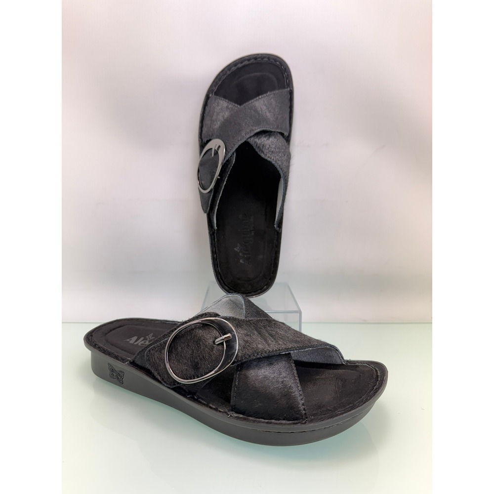 Alegria‎ Slide Sandals Womens 38 Black Calf Hair Leather Adjustable Comfort Boho